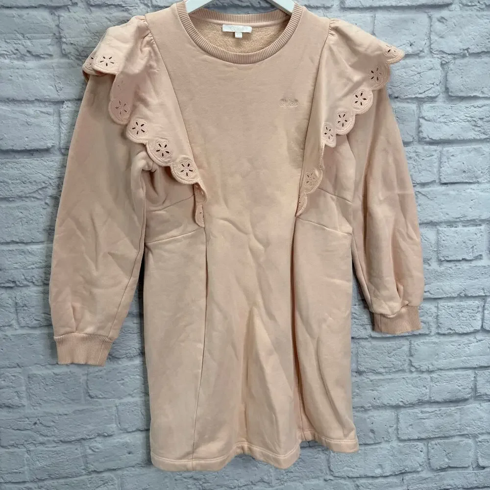 Chloe Girls Ruffle Sleeve Dress Size 12 Logo Flower Pink Cotton Scallop